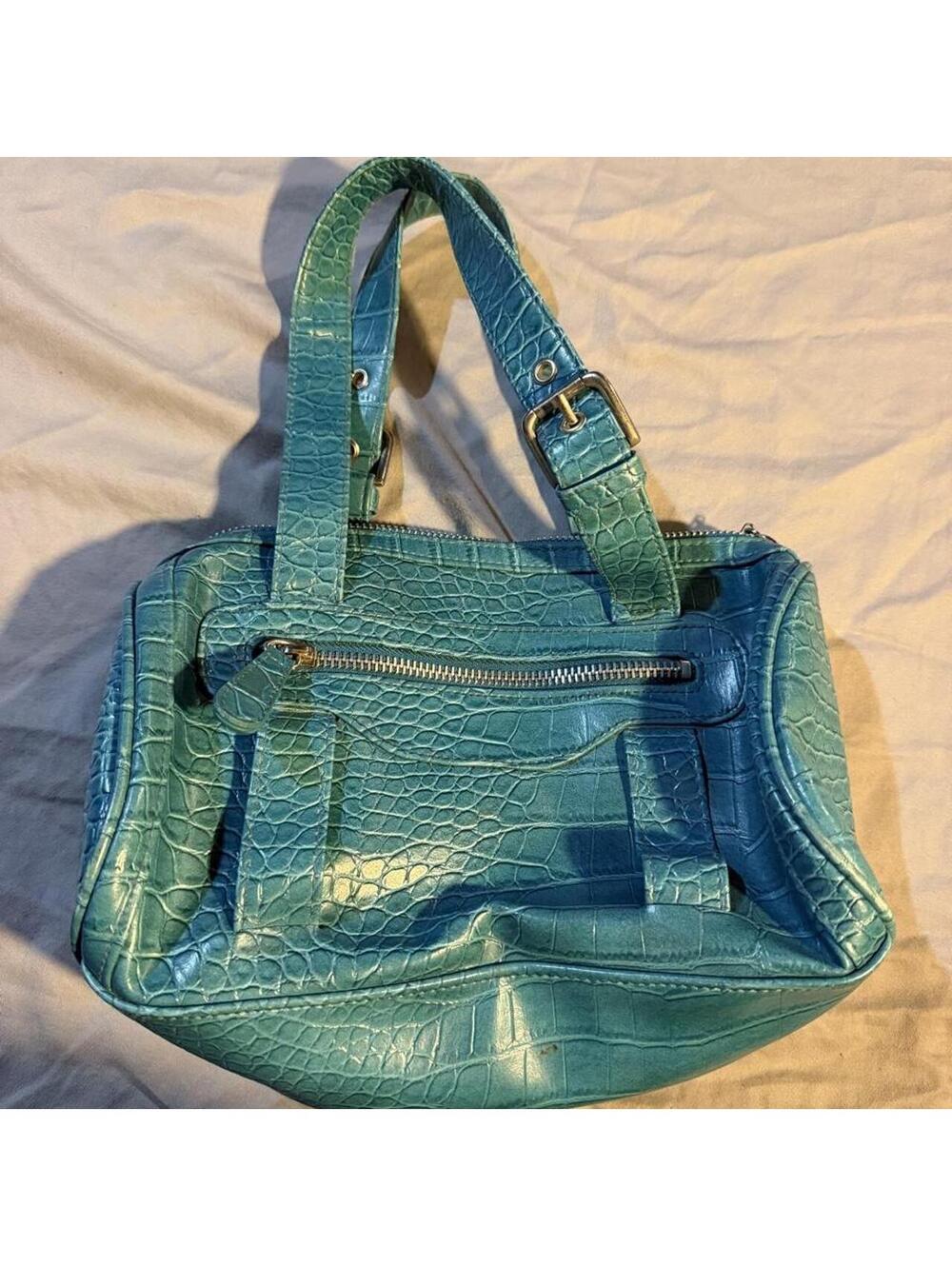 Teal Faux Croc Leather Shoulder Bag with Adjustable Straps